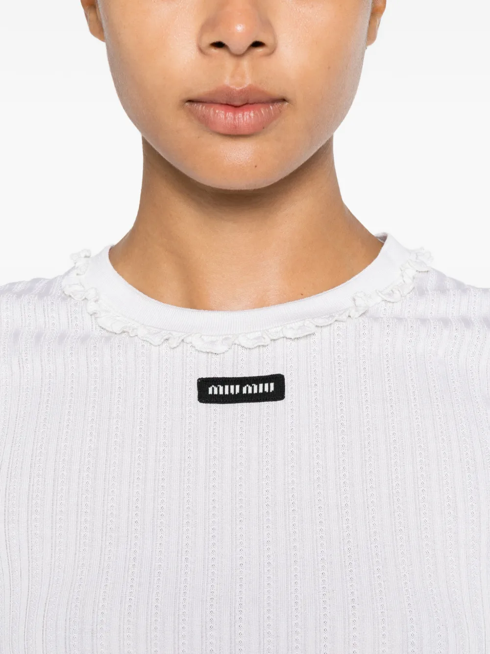 Miu Ribgebreid zijden T-shirt met ruches Beige