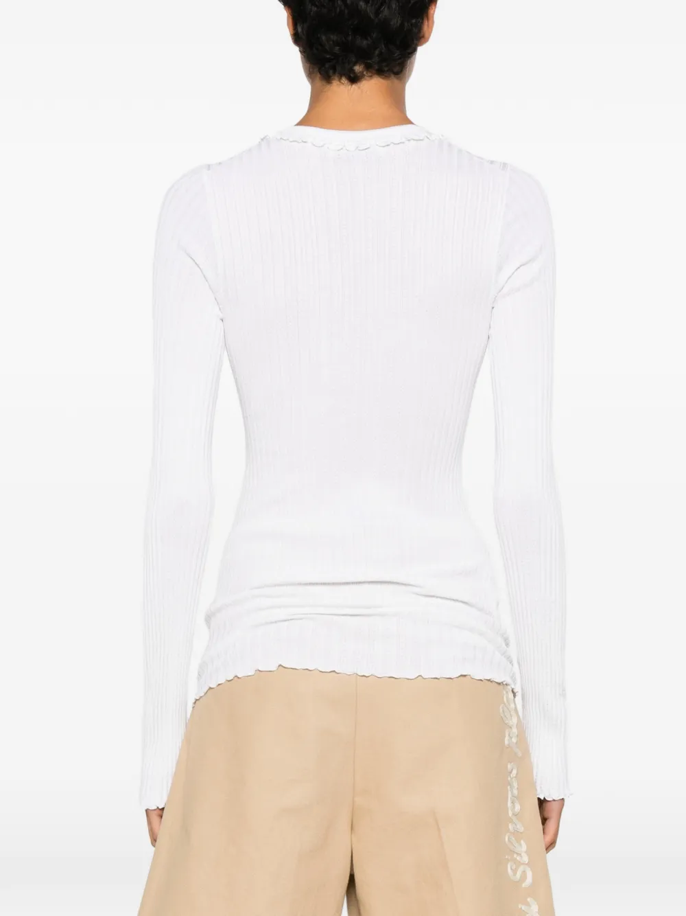 Miu Ribgebreid zijden T-shirt met ruches Beige