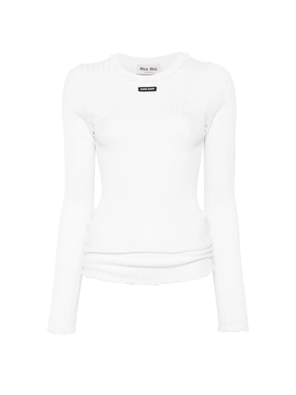 Miu Miu ribbed-knit ruffle-trim silk T-shirt - Nude