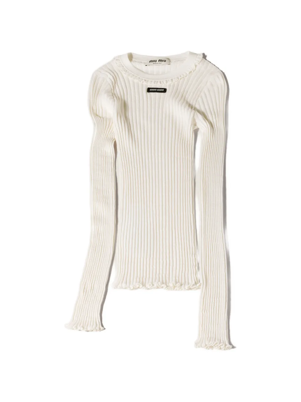 Miu Miu ribbed-knit ruffle-trim silk T-shirt - Toni neutri