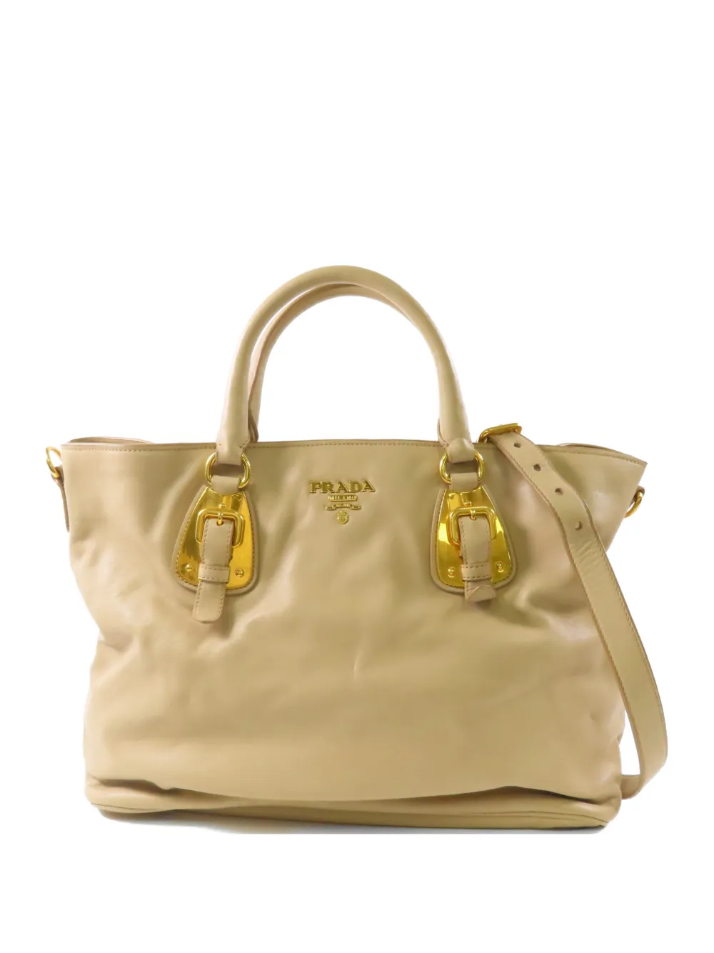 Pre-owned Prada Buckle-detail Leather Tote Bag In Neutral