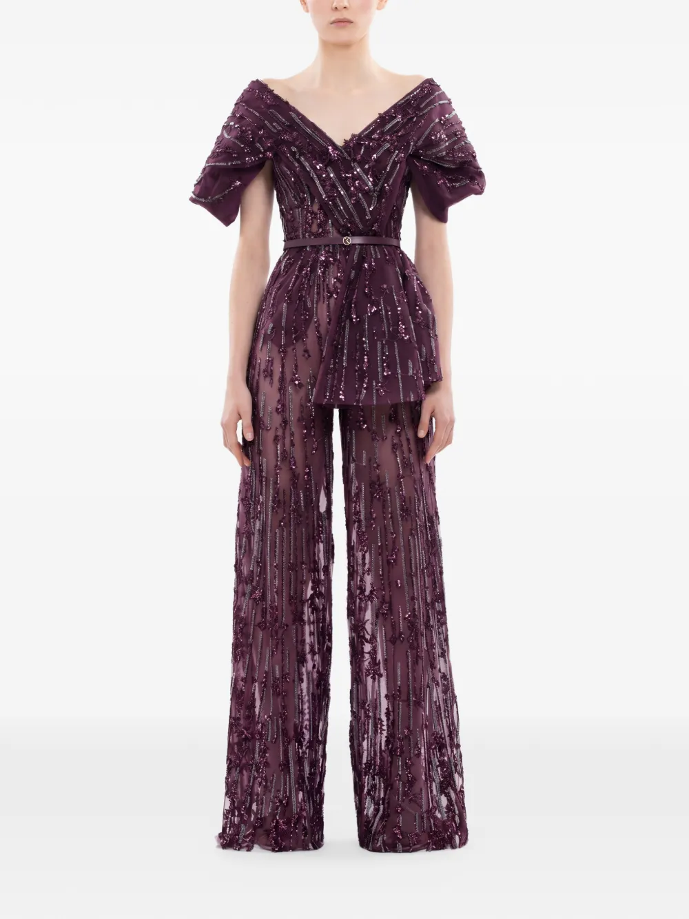 Saiid Kobeisy Jumpsuit verfraaid met pailletten en ceintuur Paars