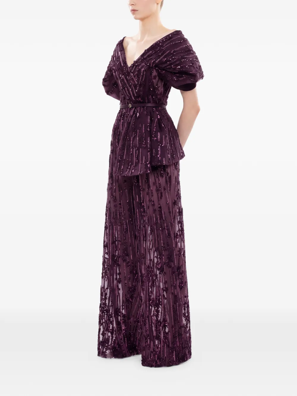 Saiid Kobeisy Jumpsuit verfraaid met pailletten en ceintuur Paars