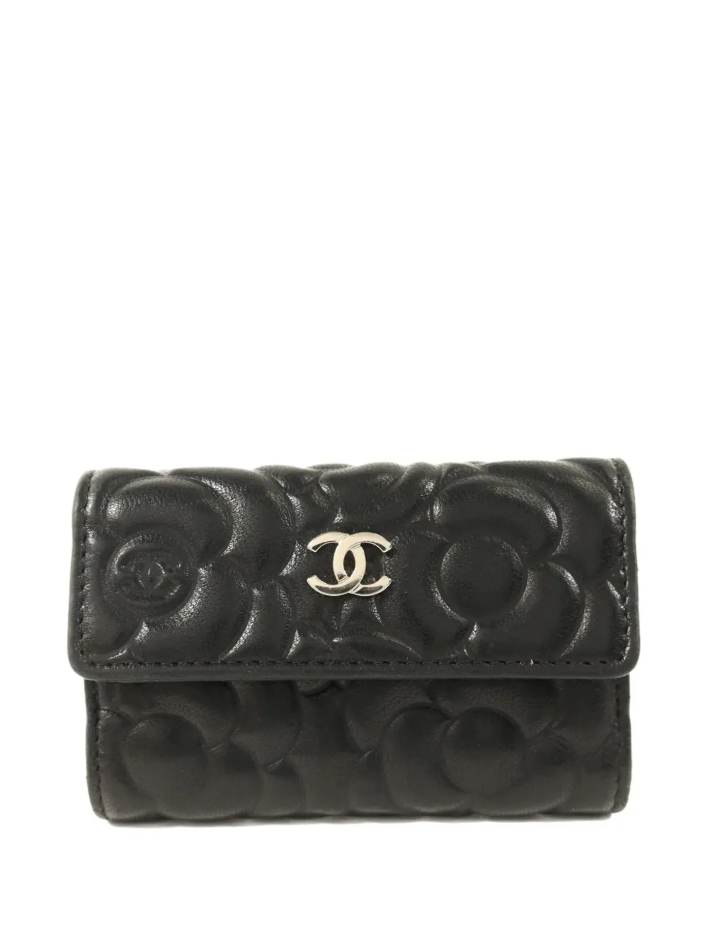 Pre-owned Chanel Camellia Cc Key Pouch In Black