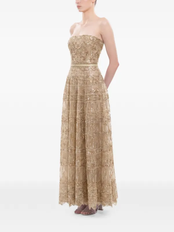 gold sequin tulle dress Saiid Kobeisy Strapless Beaded | champagne gold prom dresses