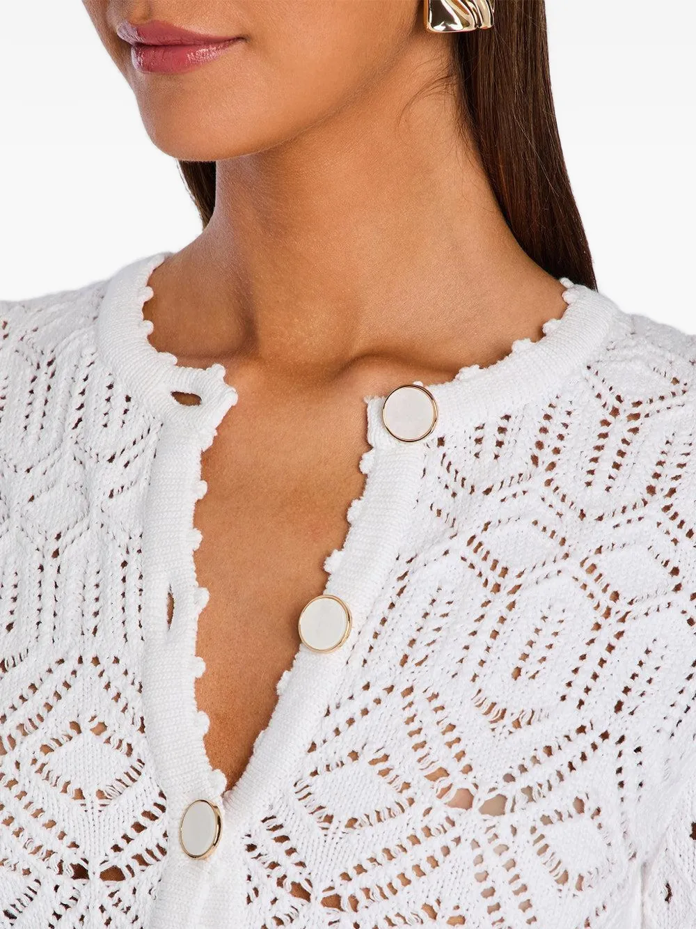 Retrofete Giuliana pointelle gebreid vest met ruches Wit