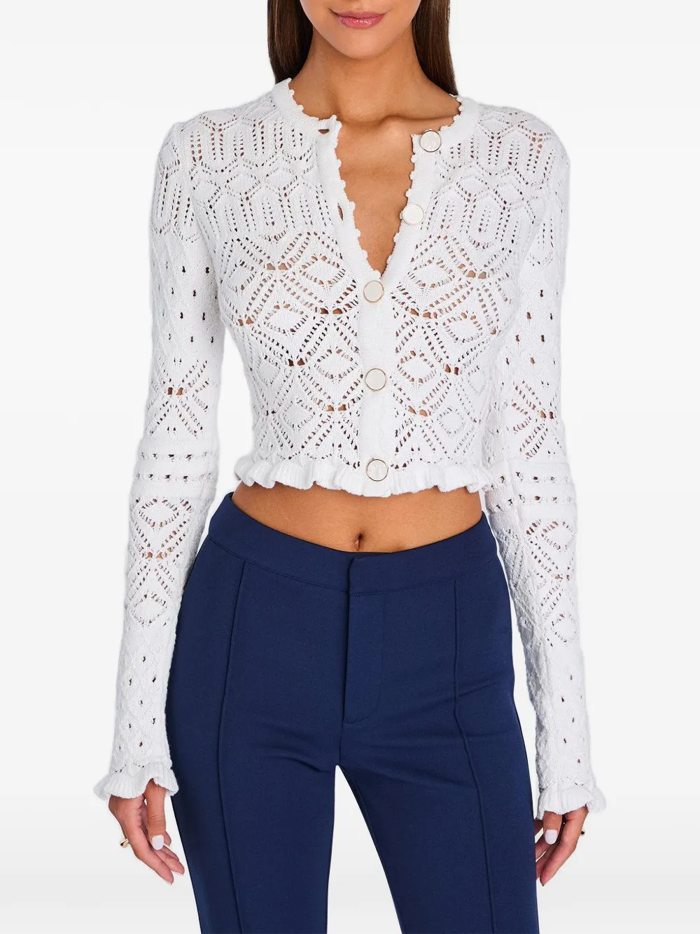 Retrofete Giuliana pointelle gebreid vest met ruches Wit