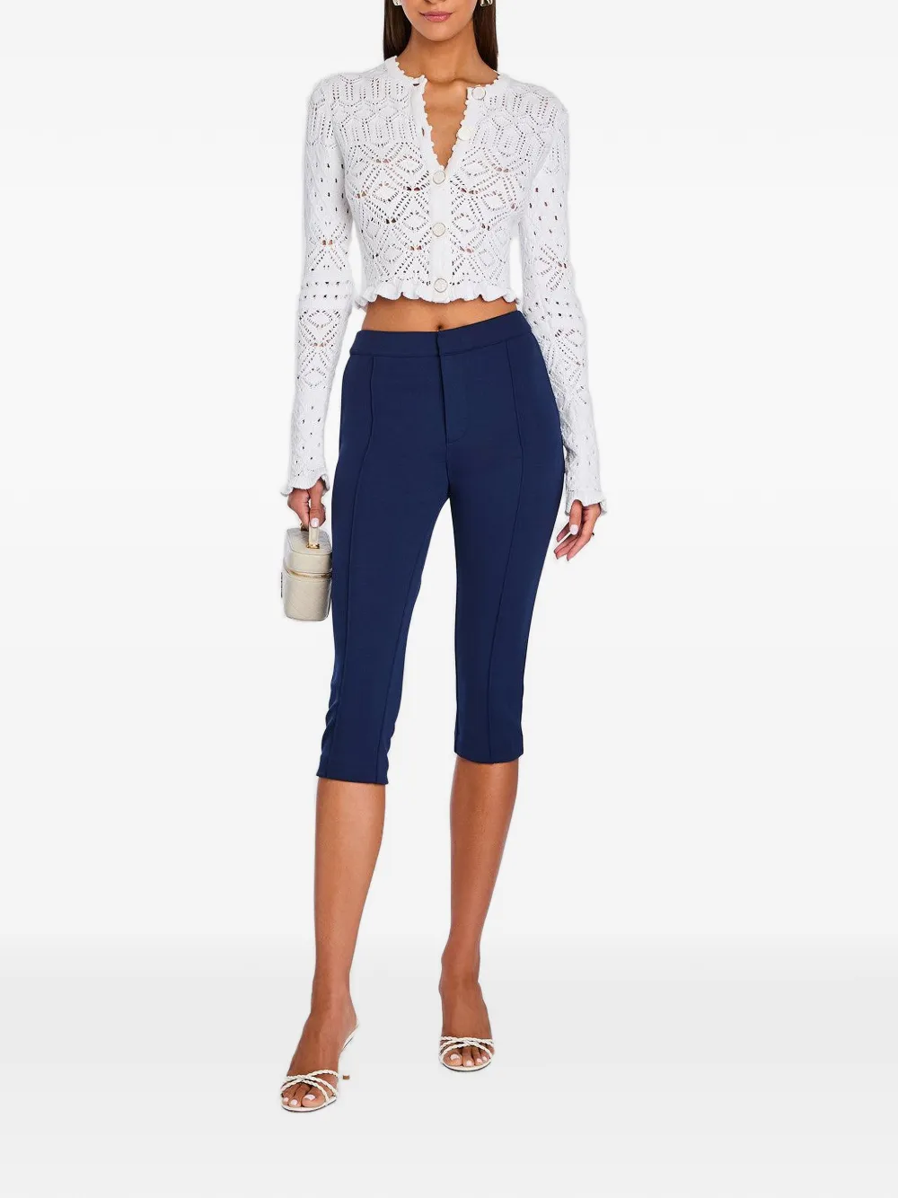 Retrofete Giuliana pointelle gebreid vest met ruches Wit