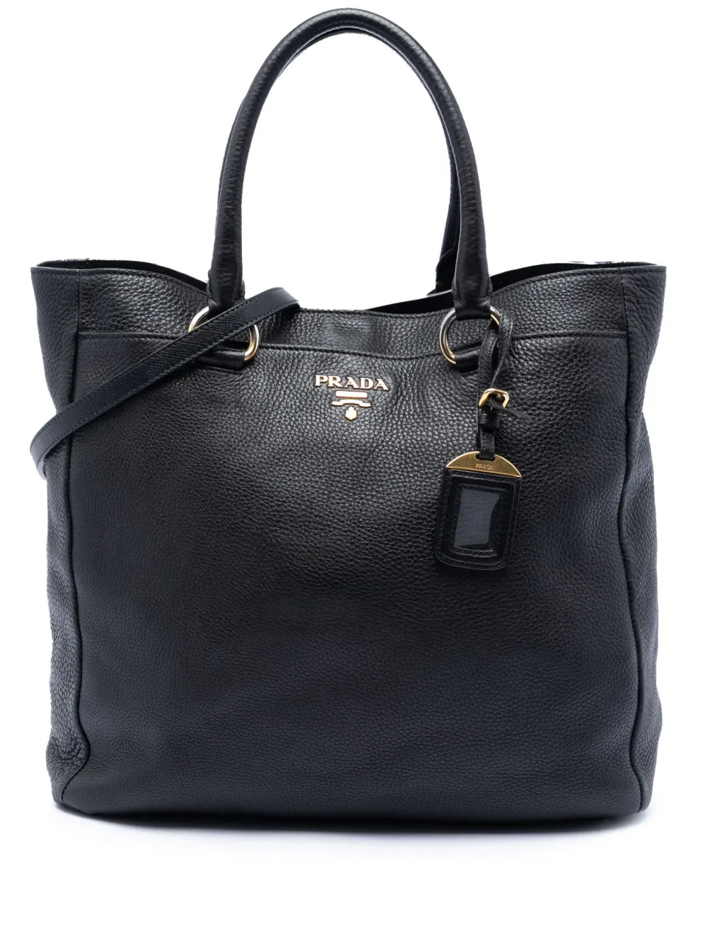 Pre-owned Prada 2013-2026 Vitello Daino Open Convertible Tote Satchel In Black