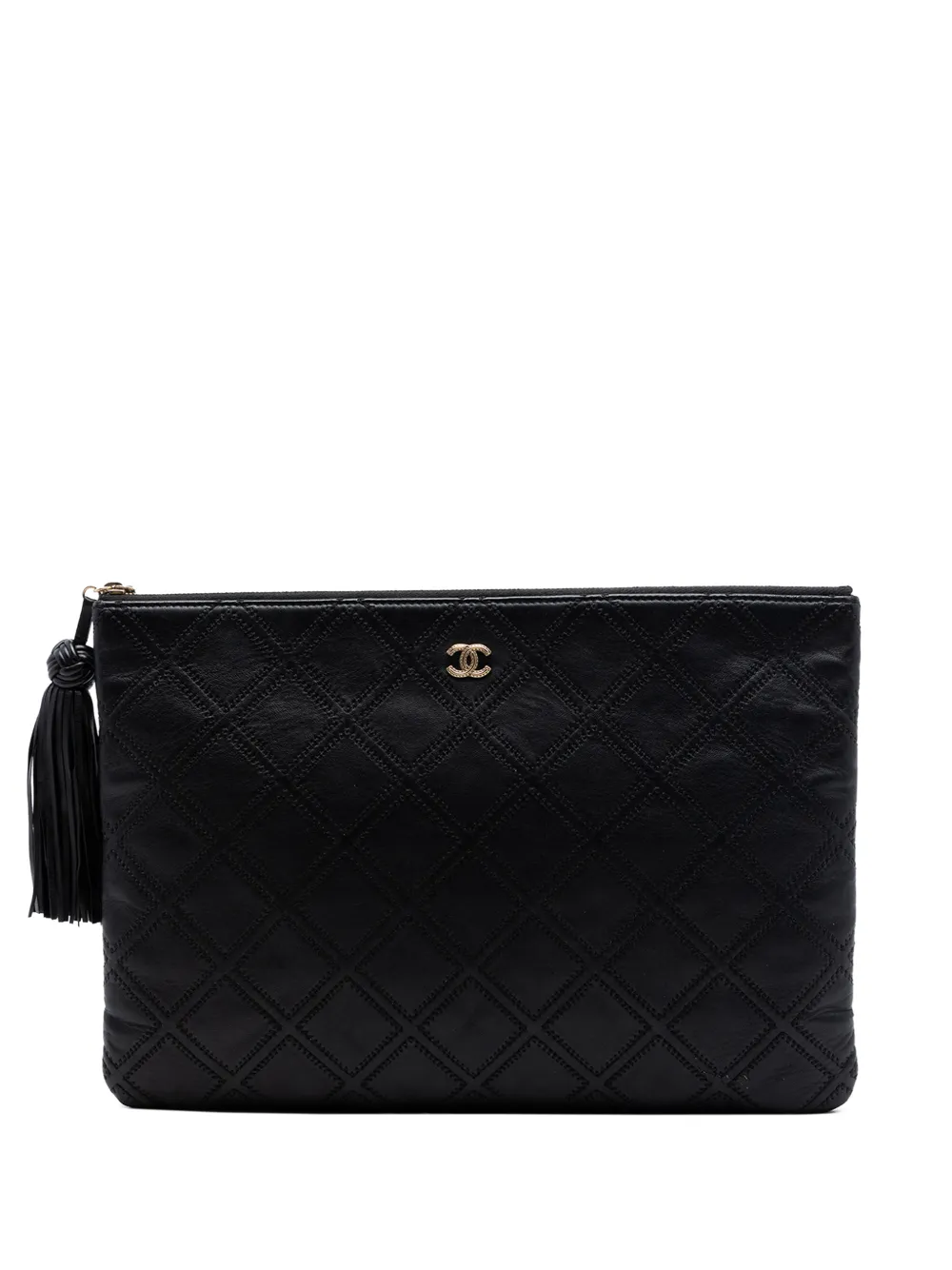 CHANEL Pre-Owned 2016-2017 Large Quilted Lambskin Double Stitch Tassel O Case clutch bag - Nero