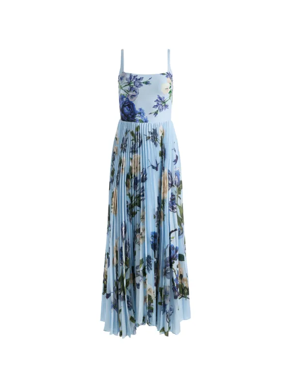 alice and olivia blue floral dress Alice + Olivia Carolyn Floral-print Pleated Maxi Dress