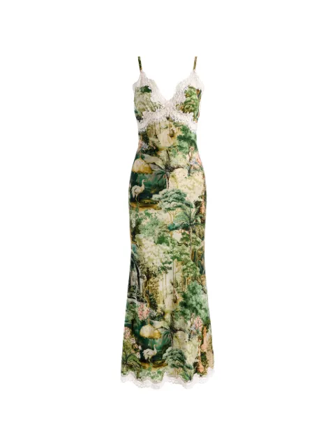 alice + olivia slip dress largo con estampado de paisaje