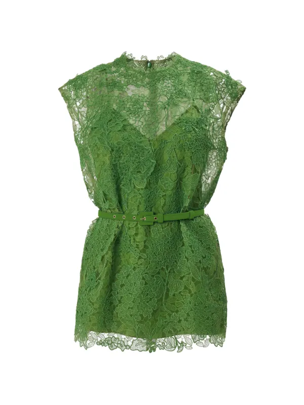 Carolina Herrera Hydrangea Lace Belted Top in Green