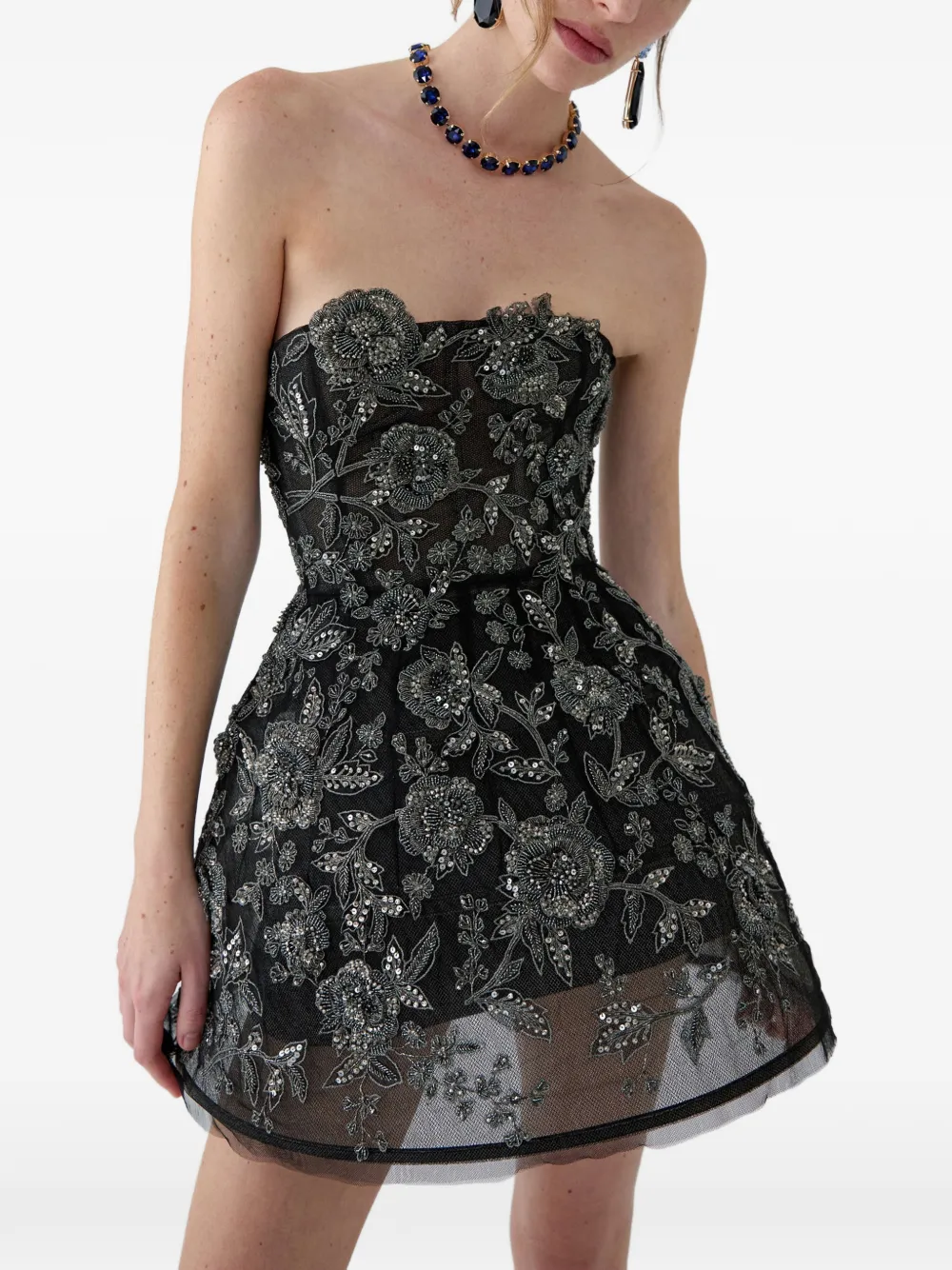 Carolina Herrera Strapless mini-jurk met geborduurde bloemen Zwart