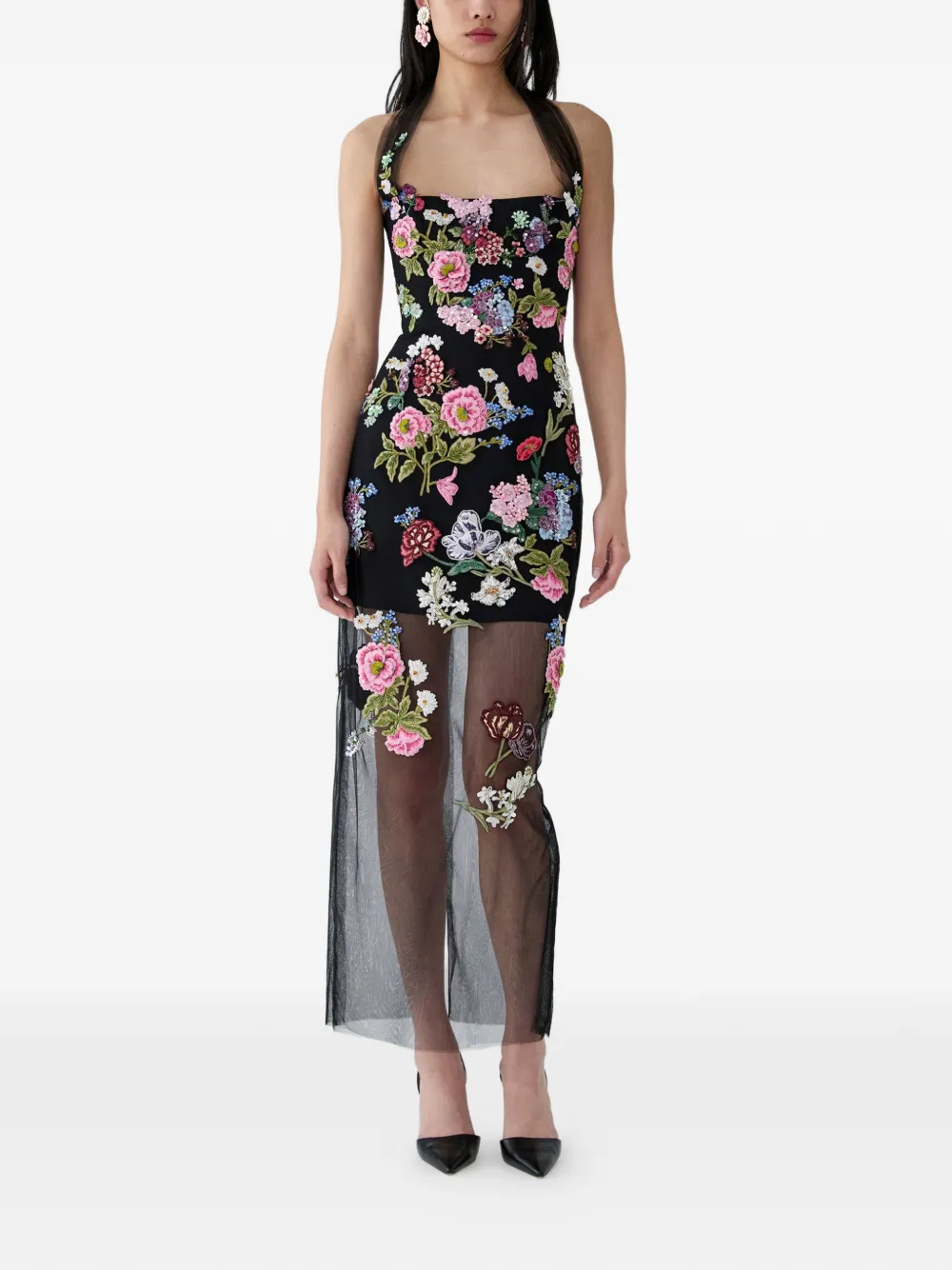 Carolina Herrera Avondjurk met geborduurde bloemen Zwart