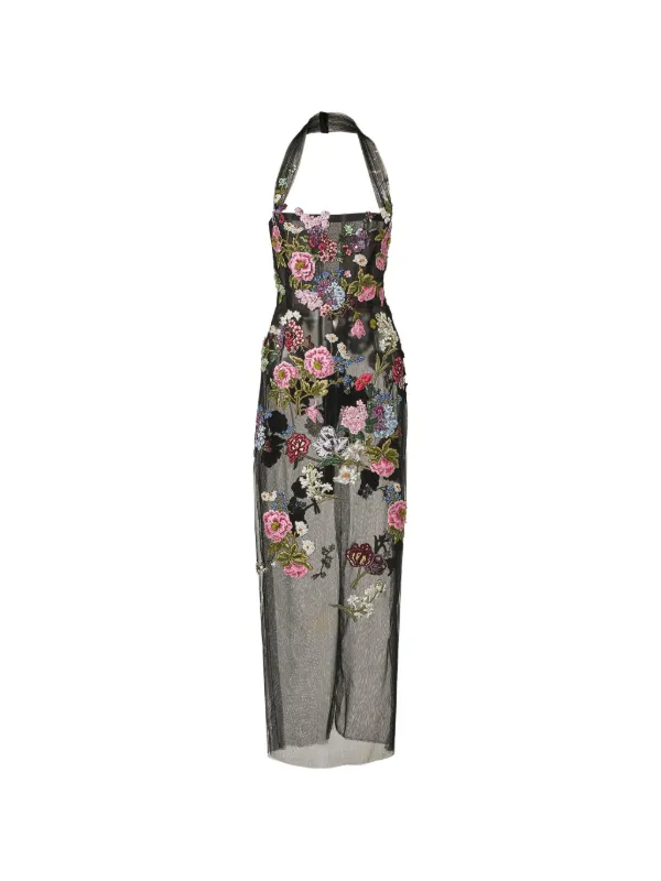 Carolina Herrera Column Gown with Floral Embroidery in Black