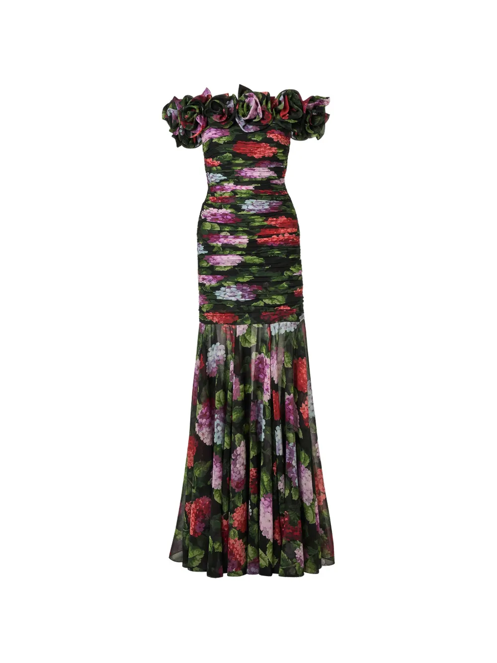 Carolina Herrera Chiffon Abendkleid mit Off-the-Shoulder-Design und Hortensien-Print - Schwarz
