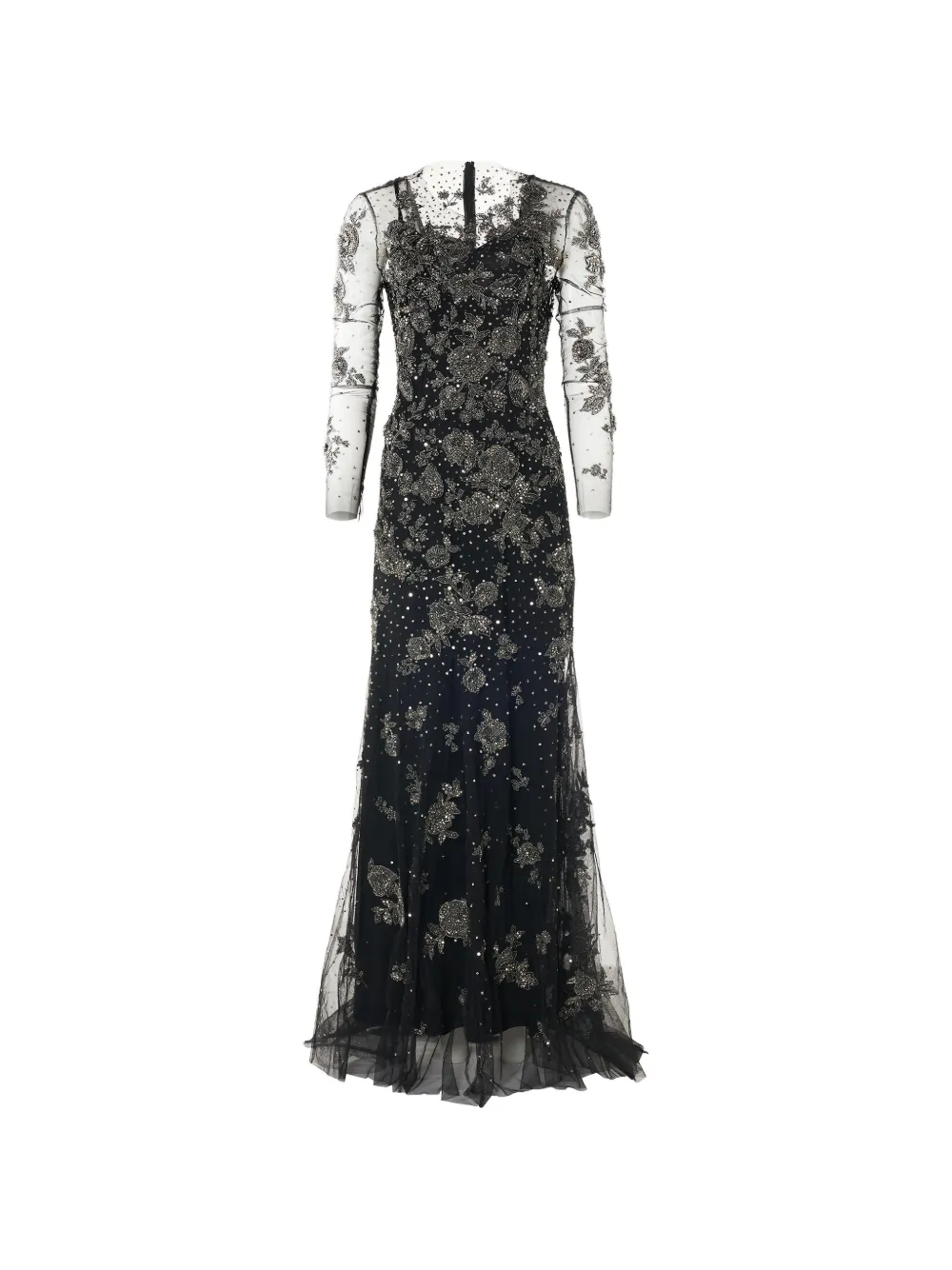 Carolina Herrera Trompeten-Robe mit zinnfarbener Blumenstickerei - Schwarz