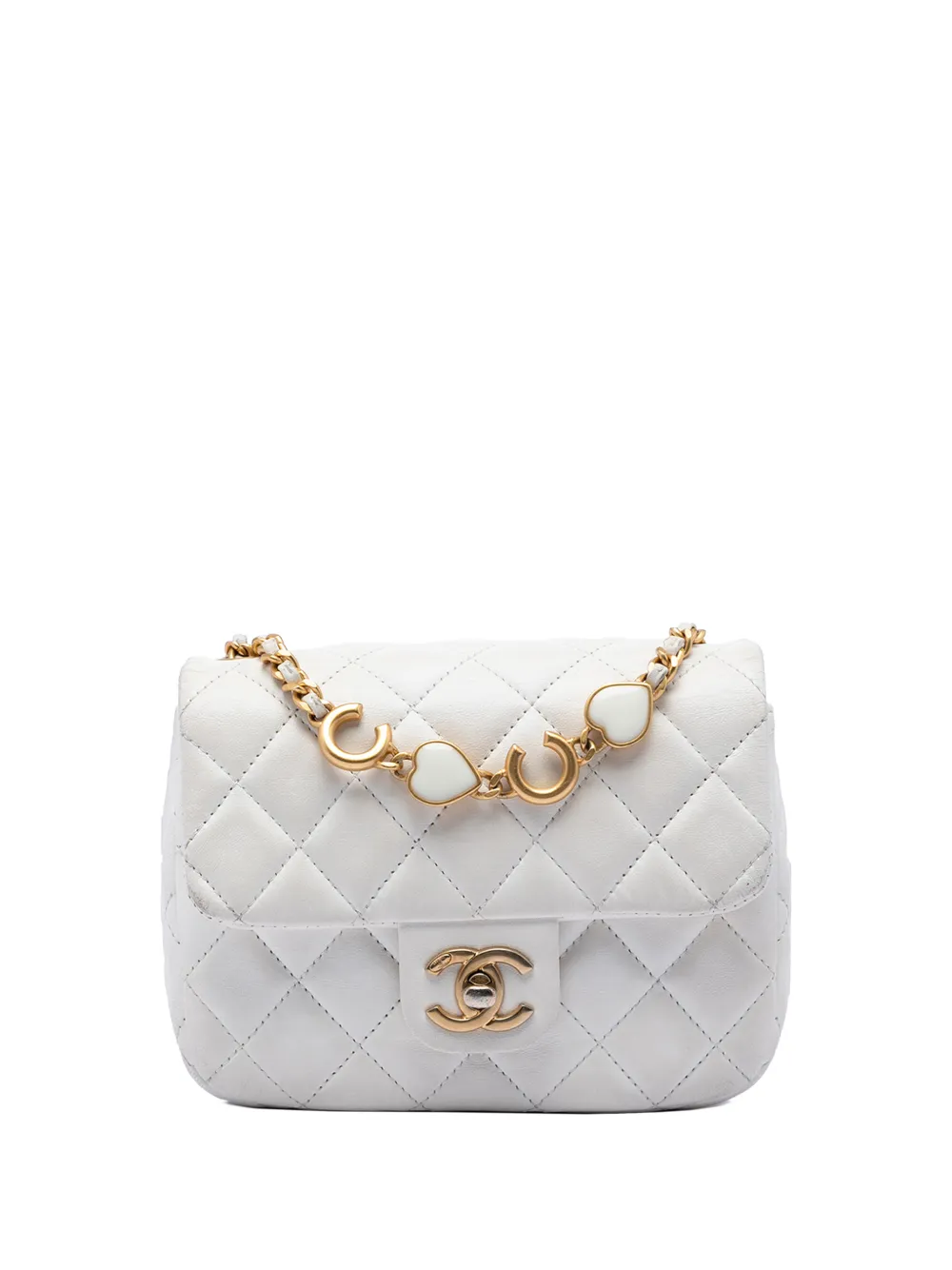 CHANEL Pre-Owned 2021-2026 Mini Square Classic Lambskin Enamel Coco Hearts Single Flap crossbody bag - Bianco
