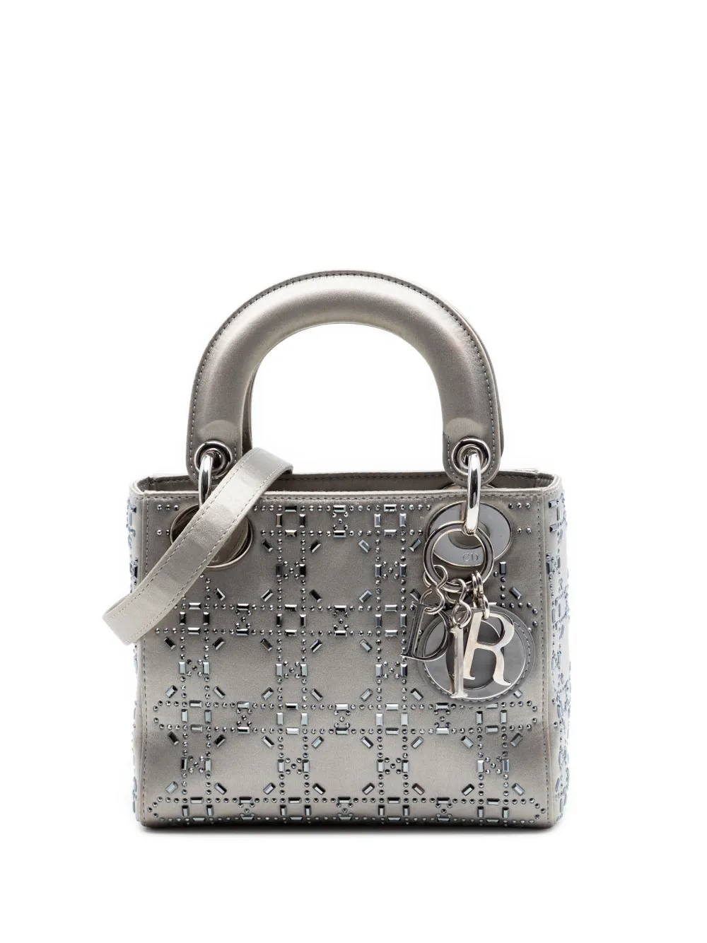 Christian Dior Pre-Owned 2018 Mini Satin Cannage Strass Crystal Embellished Lady Dior satchel - Grigio