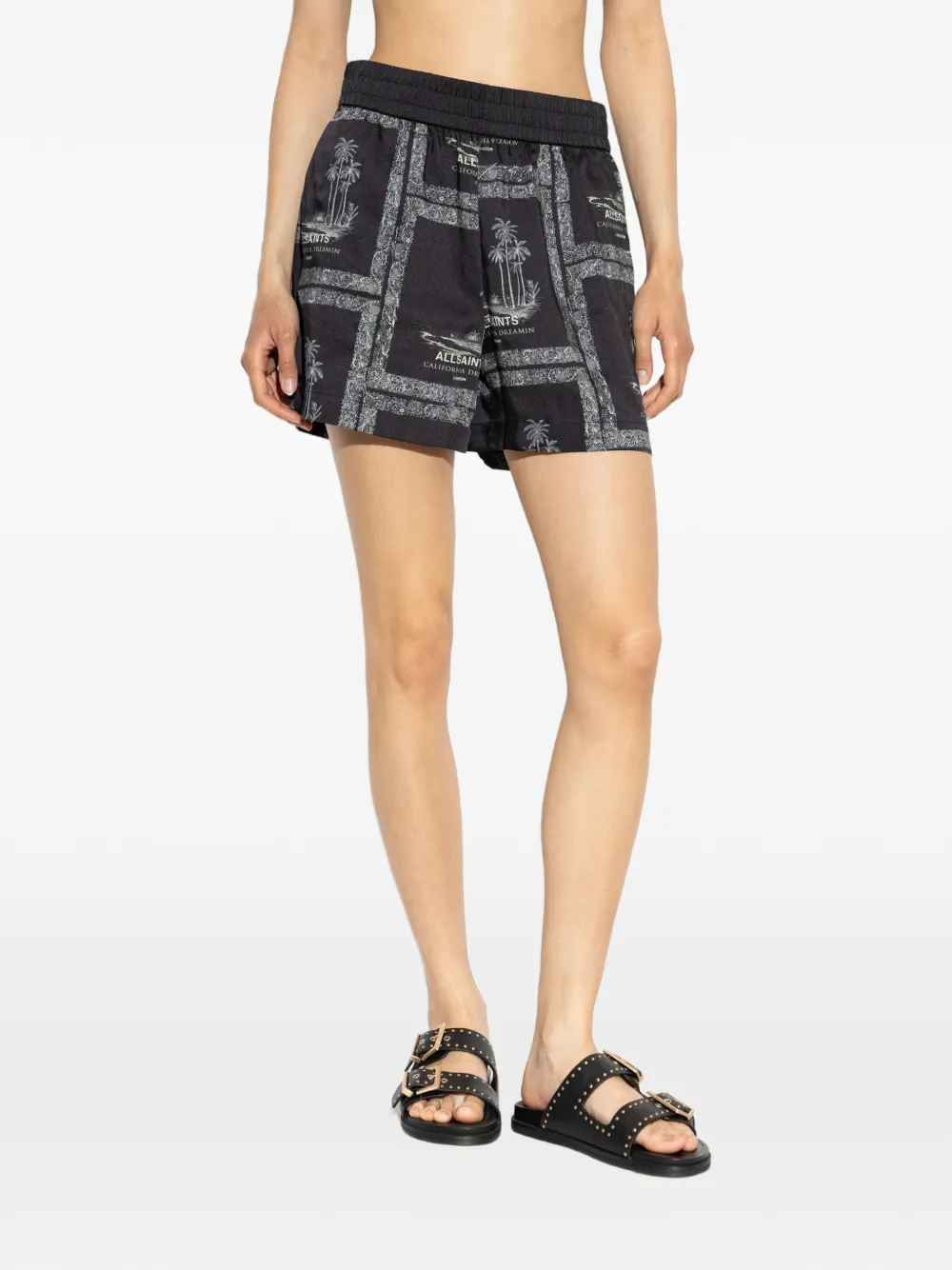 AllSaints Lettie elastische shorts met palmboomprint Zwart