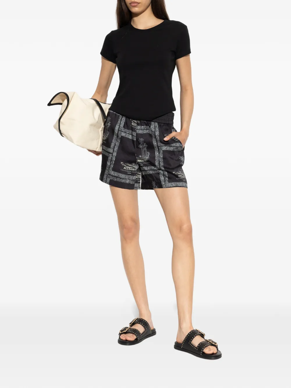 AllSaints Lettie elastische shorts met palmboomprint Zwart