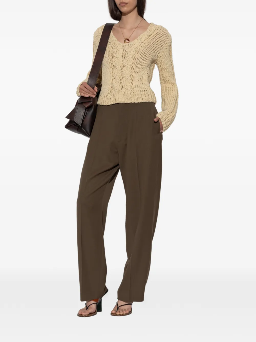 Jil Sander Kabelgebreide trui met V-hals Beige