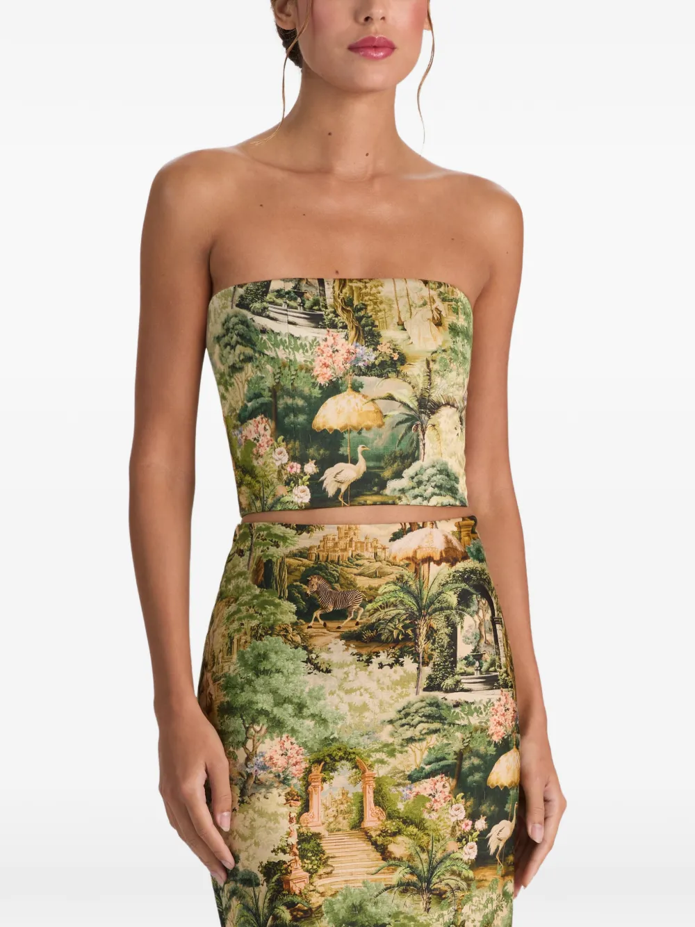 alice + olivia Ceresi landscape-print smocked bandeau top - Verde