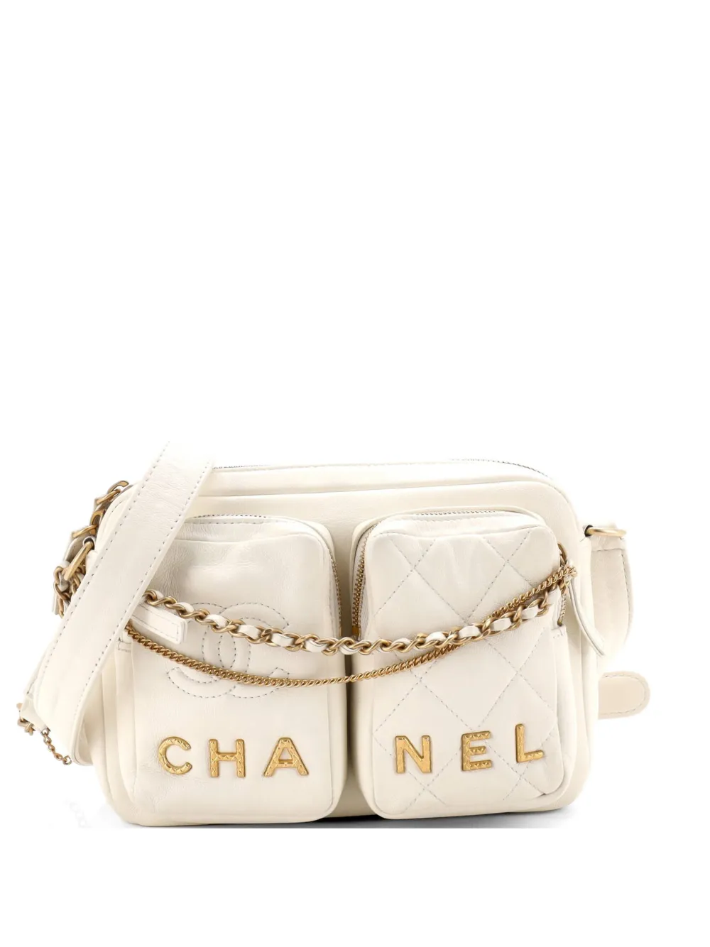 CHANEL Pre-Owned Logo Twin Pockets Chain Camera Case Quilted Calfskin Small shoulder bag - Weiß