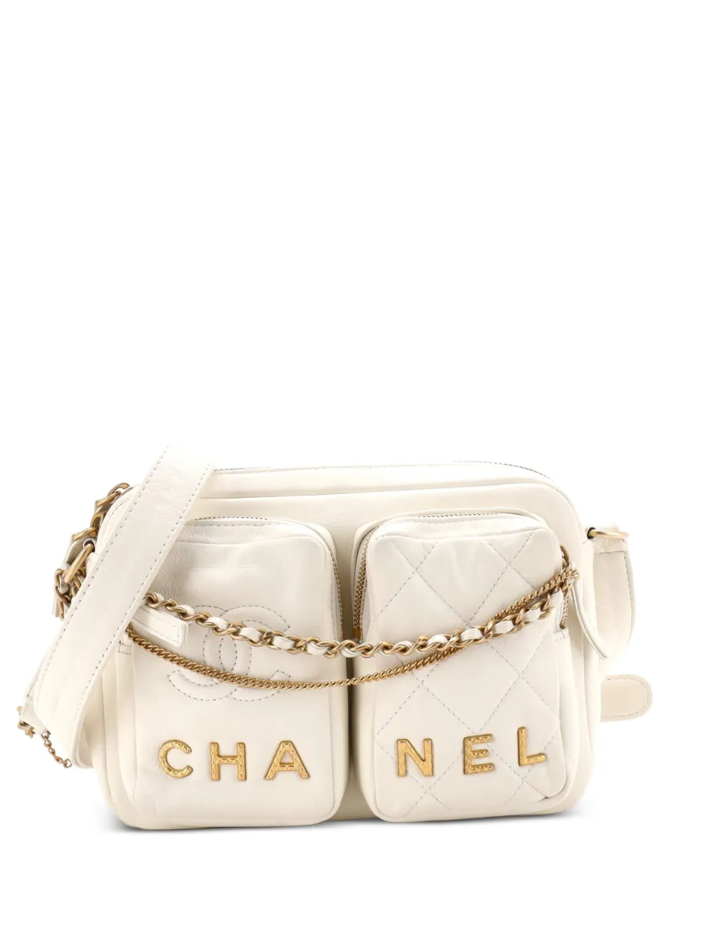 CHANEL Pre-Owned Logo Twin Pockets Chain Camera Case Quilted Calfskin Small shoulder bag - Bianco