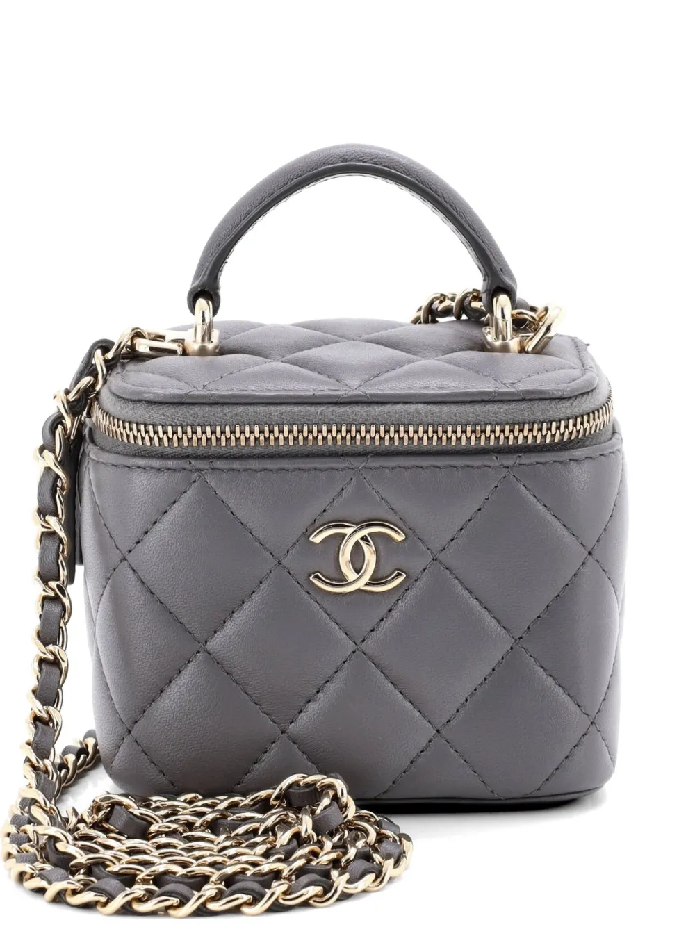CHANEL Pre-Owned Borsa a tracolla Vanity Case mini in pelle di agnello trapuntata con manico - Grigio