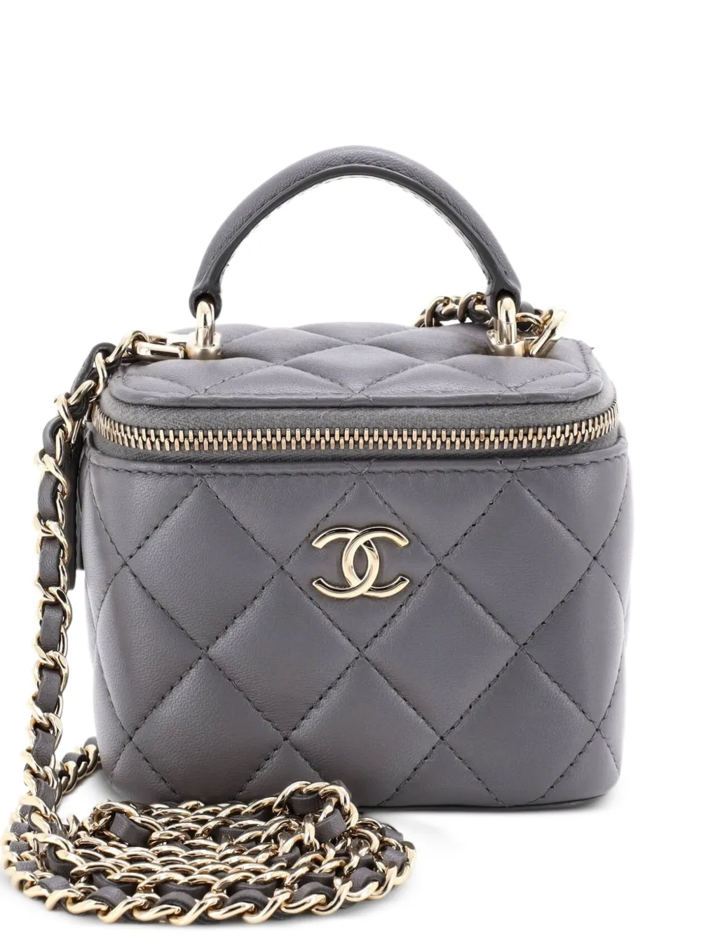 CHANEL Pre-Owned Borsa a tracolla Vanity Case mini in pelle di agnello trapuntata con manico - Grigio