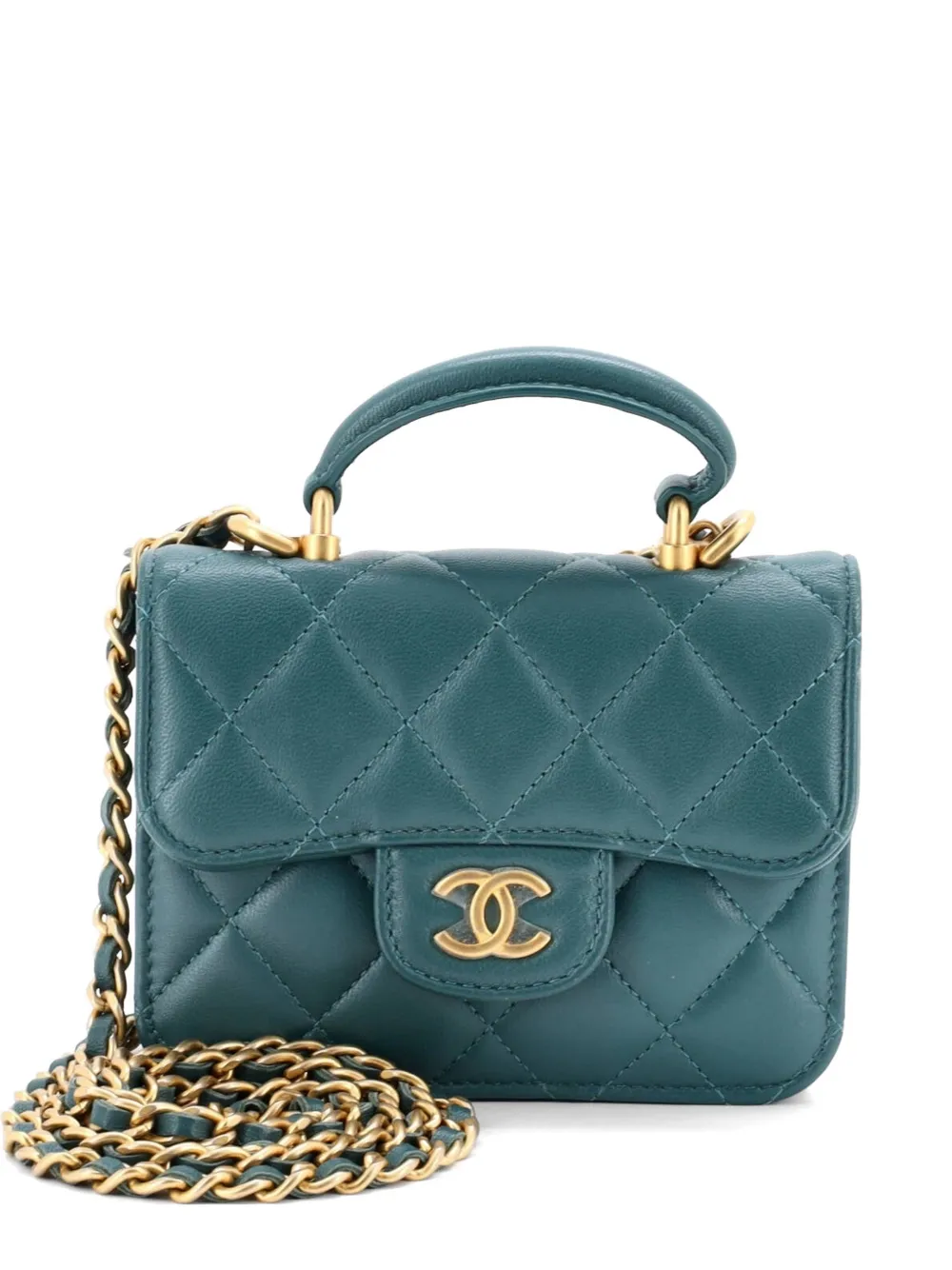 CHANEL Pre-Owned Top Handle Flap Coin Purse with Chain Quilted Lambskin crossbody bag - Verde