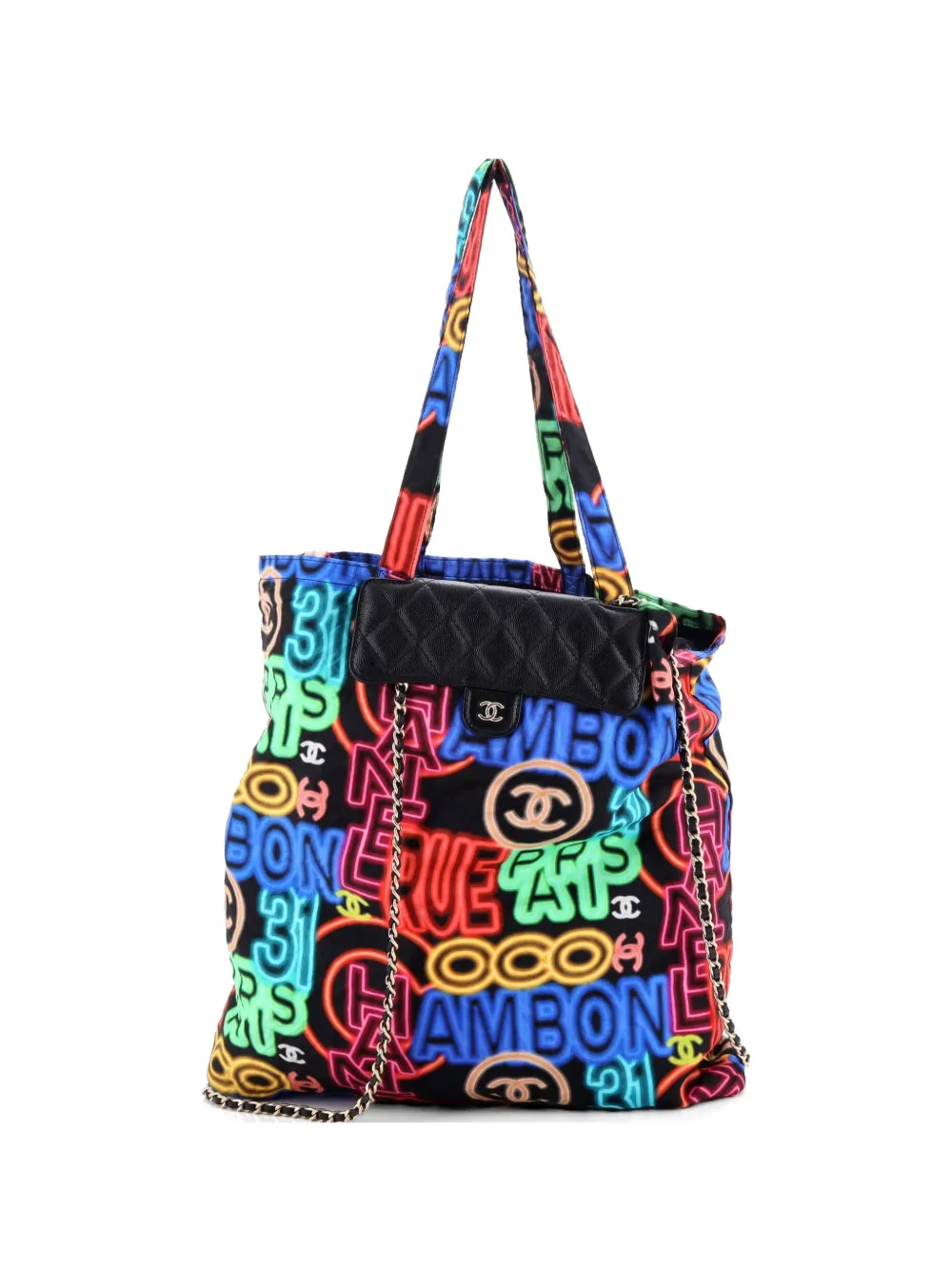 CHANEL Pre-Owned Borsa tote in pelle Caviar trapuntata e nylon con stampa e catena - Multicolore