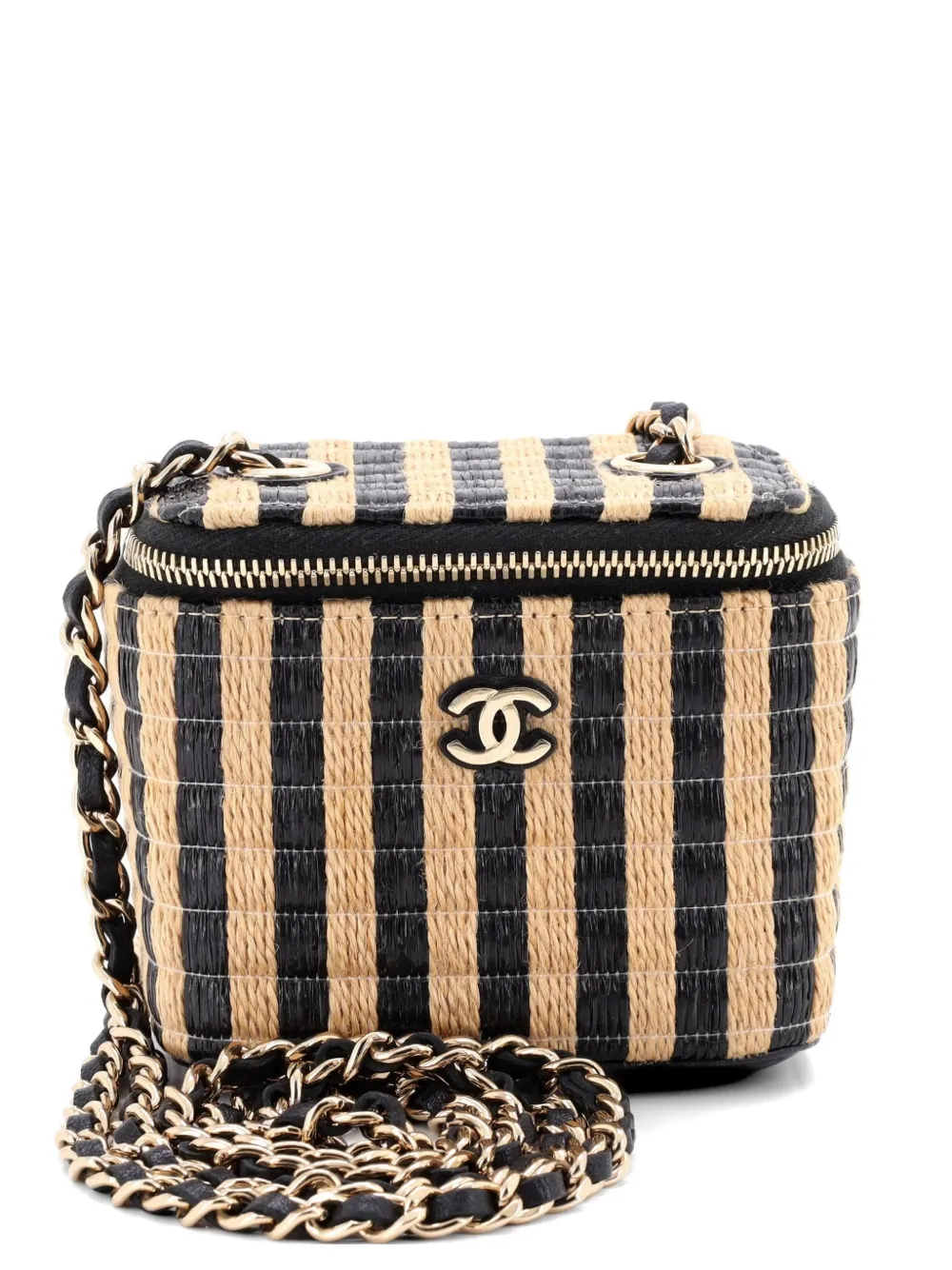 CHANEL Pre-Owned Classic Vanity Case with Chain Striped Raffia and Jute Mini crossbody bag - Black
