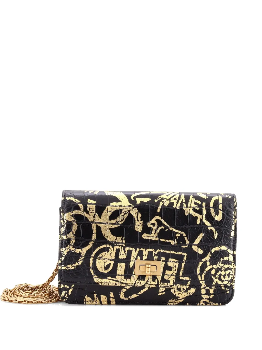 CHANEL Pre-Owned Reißue 2.55 Wallet on Chain Graffiti Umhängetasche mit Kroko-Effekt - Schwarz
