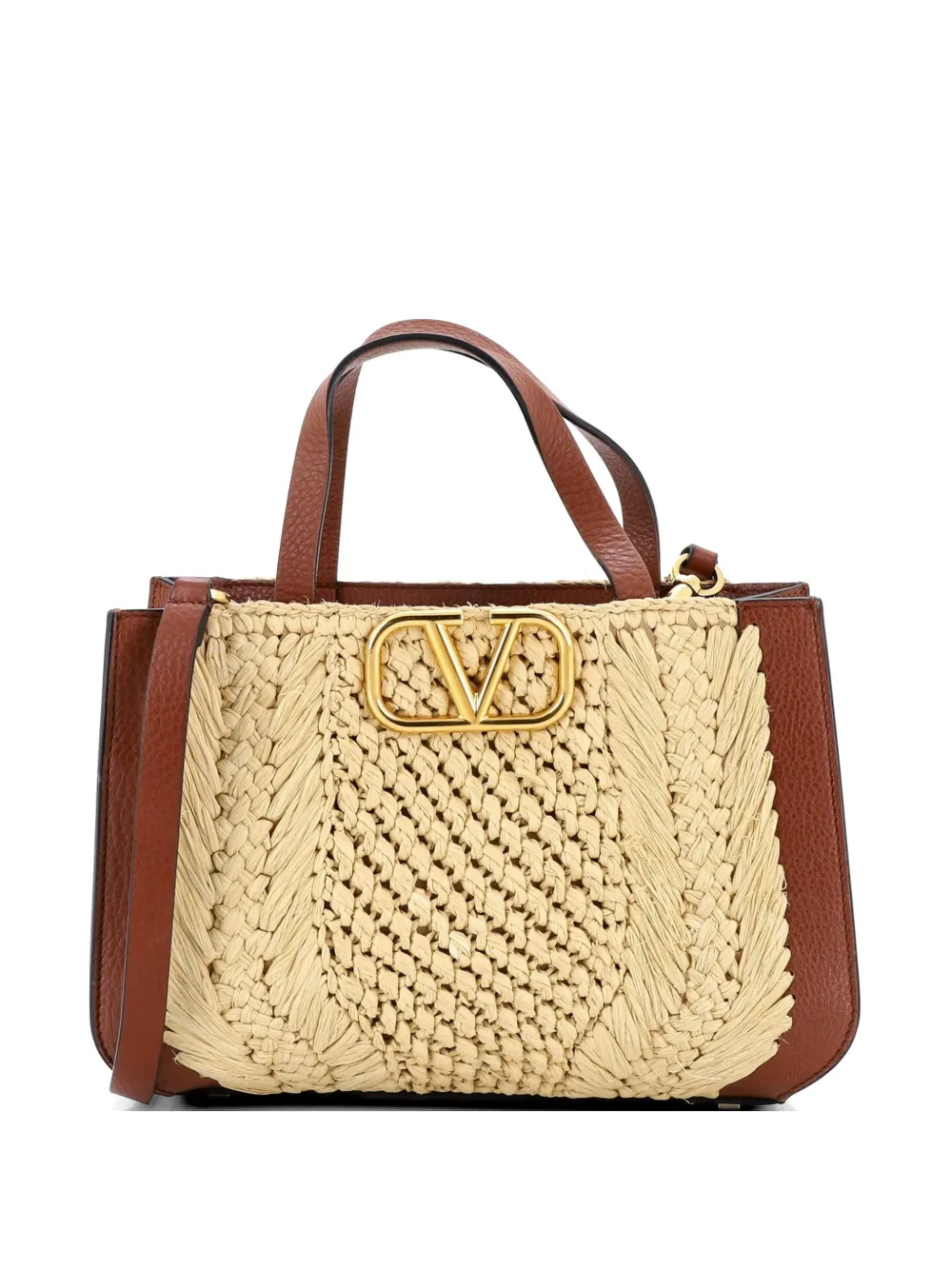Valentino Garavani Pre-Owned VLogo Shopper Woven Raffia and Leather Small tote bag - Marrone