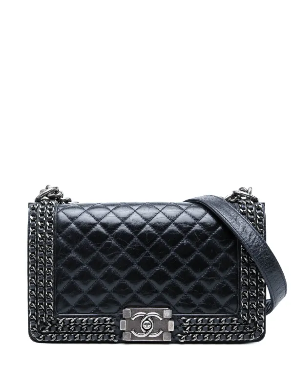 Chanel Pre-owned 2016-2017 Old Medium Quilted Glazed Calfskin Chain Around Boy Flap Crossbody Bag in Blue