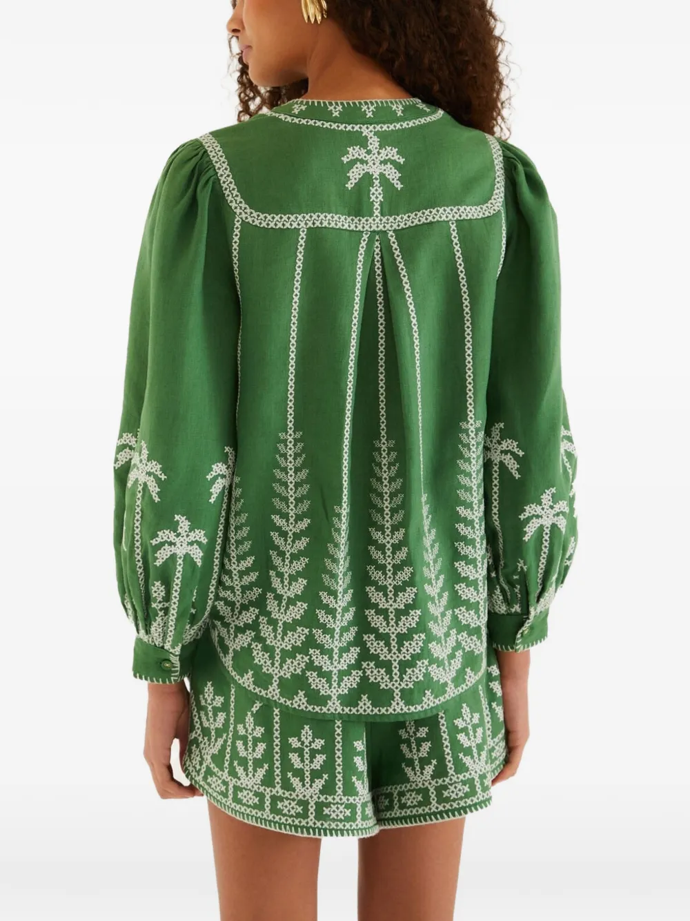 FARM Rio Tweekleurige blouse met geborduurde kruisstiksels en lange mouwen Groen