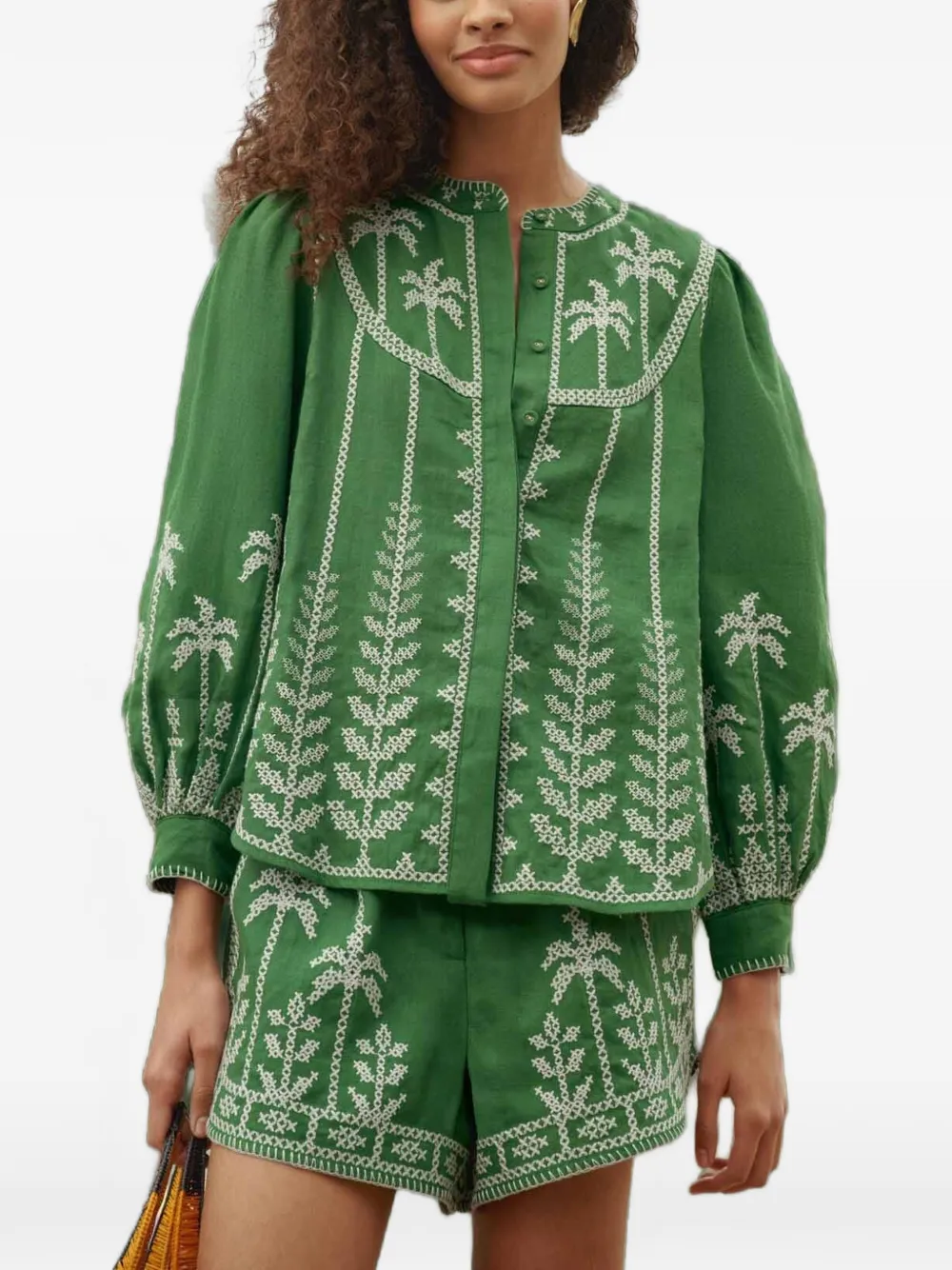 FARM Rio bicolor cross-stich embroidery blouse long sleeve - Verde