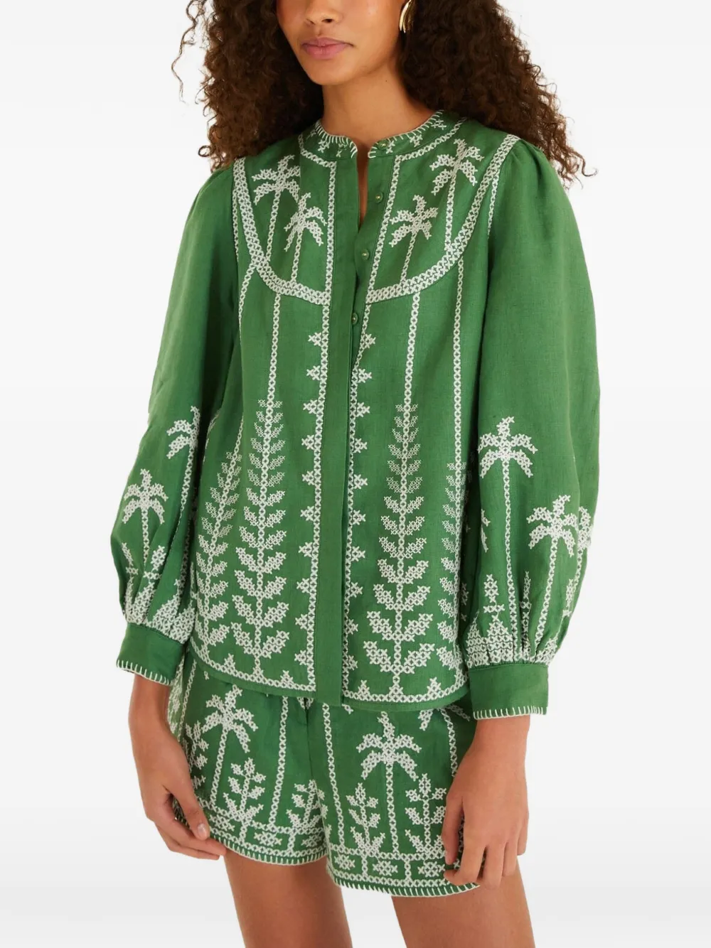 FARM Rio Tweekleurige blouse met geborduurde kruisstiksels en lange mouwen Groen