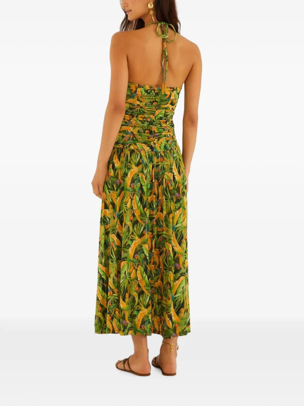 FARM Rio Maxi-jurk met ruches en papagaaien-print Groen