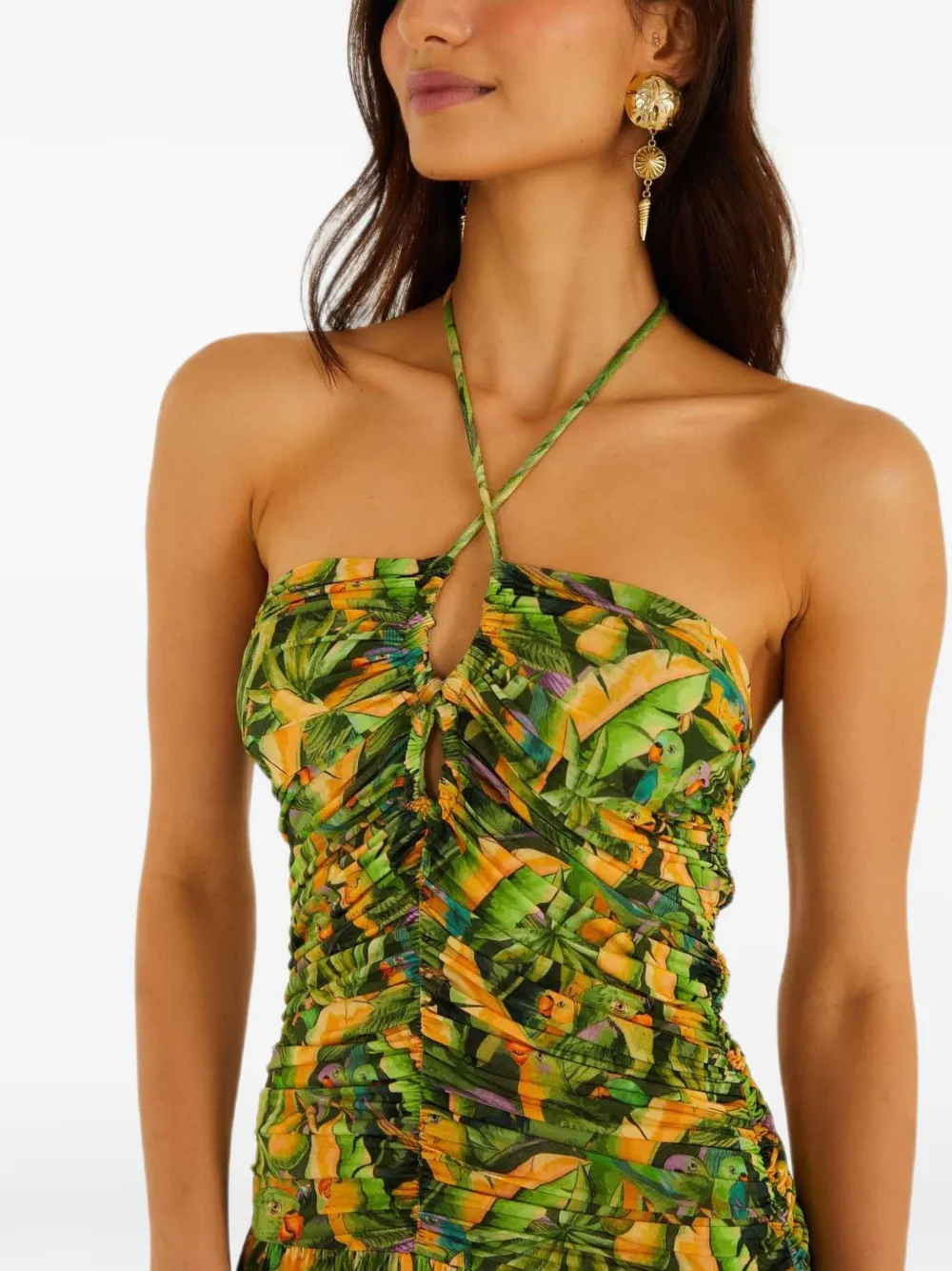 FARM Rio Maxi-jurk met ruches en papagaaien-print Groen