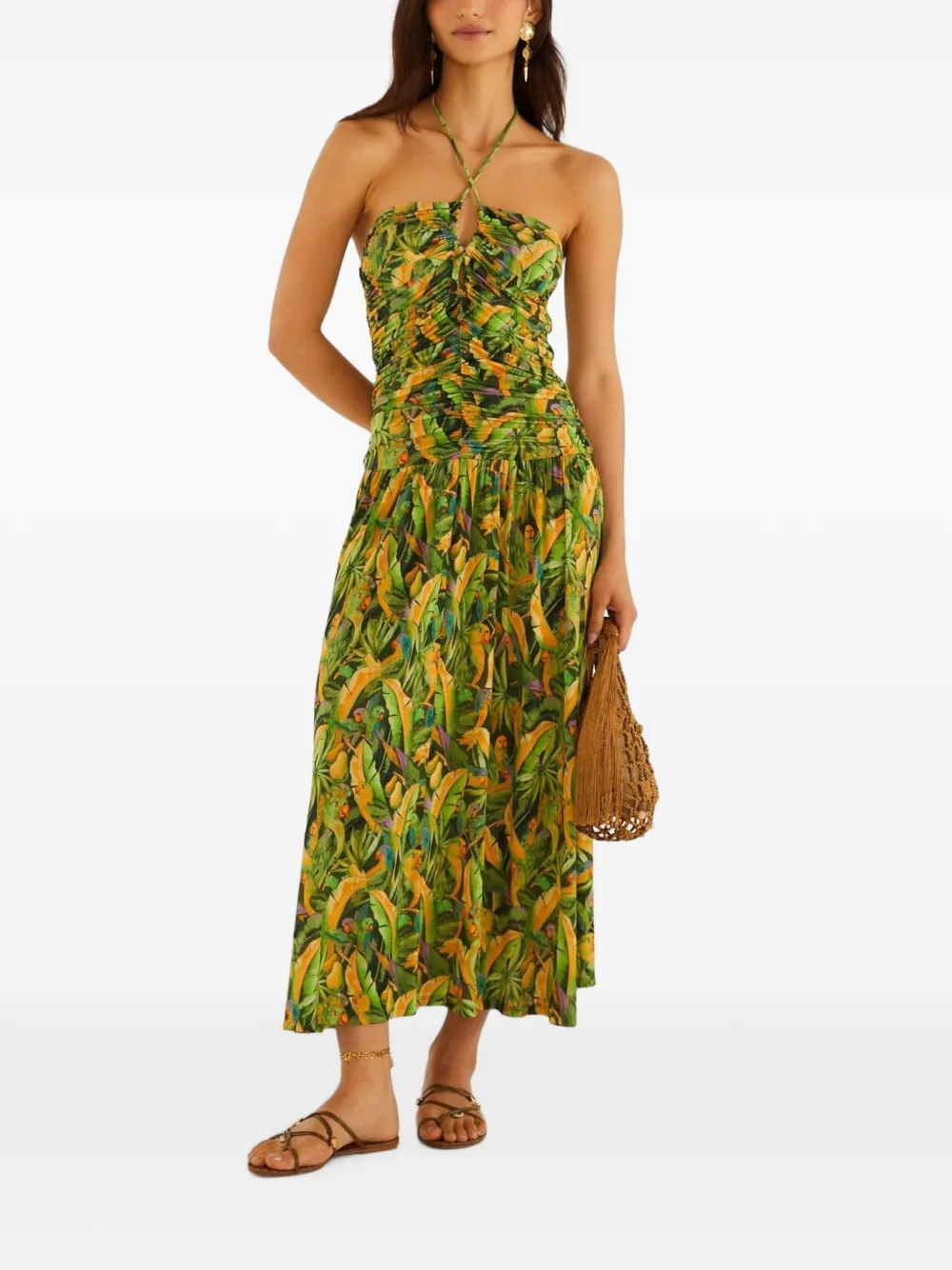 FARM Rio green forest parrots ruched-bodice maxi dress - Grün