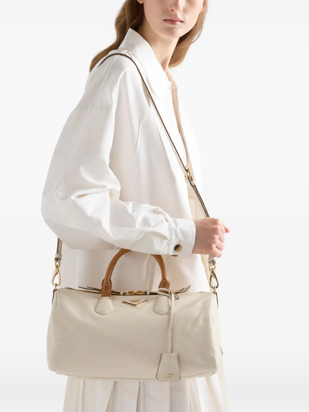 Prada Grote leren shopper met handvat Beige