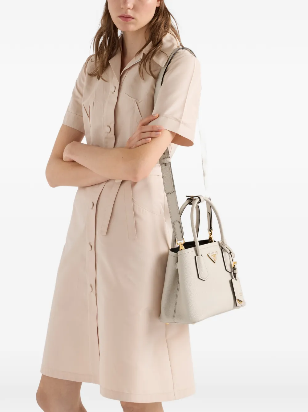Prada Kleine Double Saffiano leren tas Beige