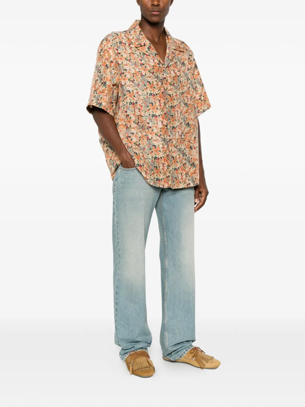 Valentino Garavani Button-down zijden overhemd met campkraag en bloemenprint Beige