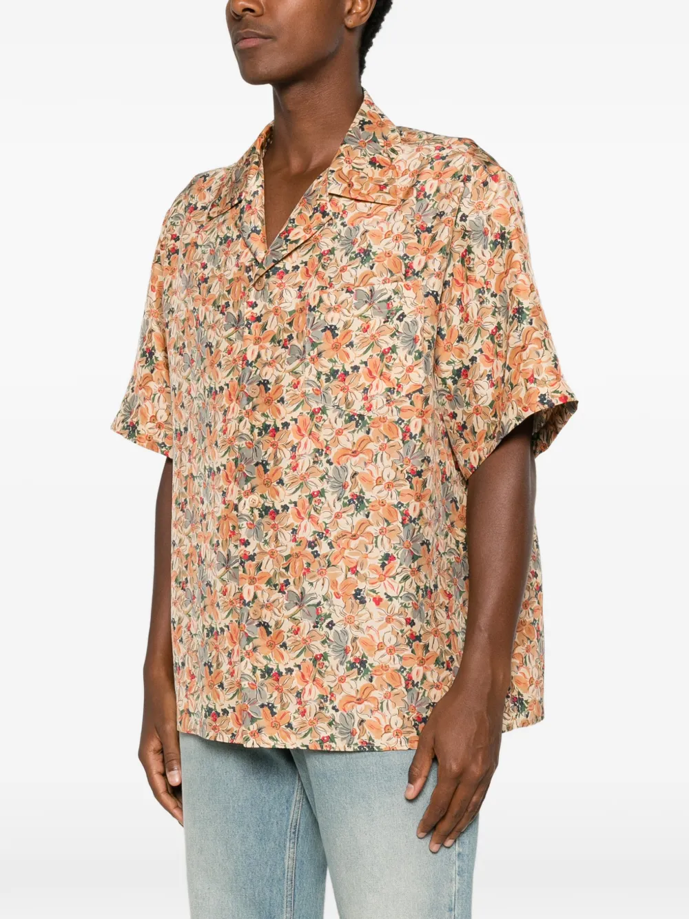 Valentino Garavani Button-down zijden overhemd met campkraag en bloemenprint Beige