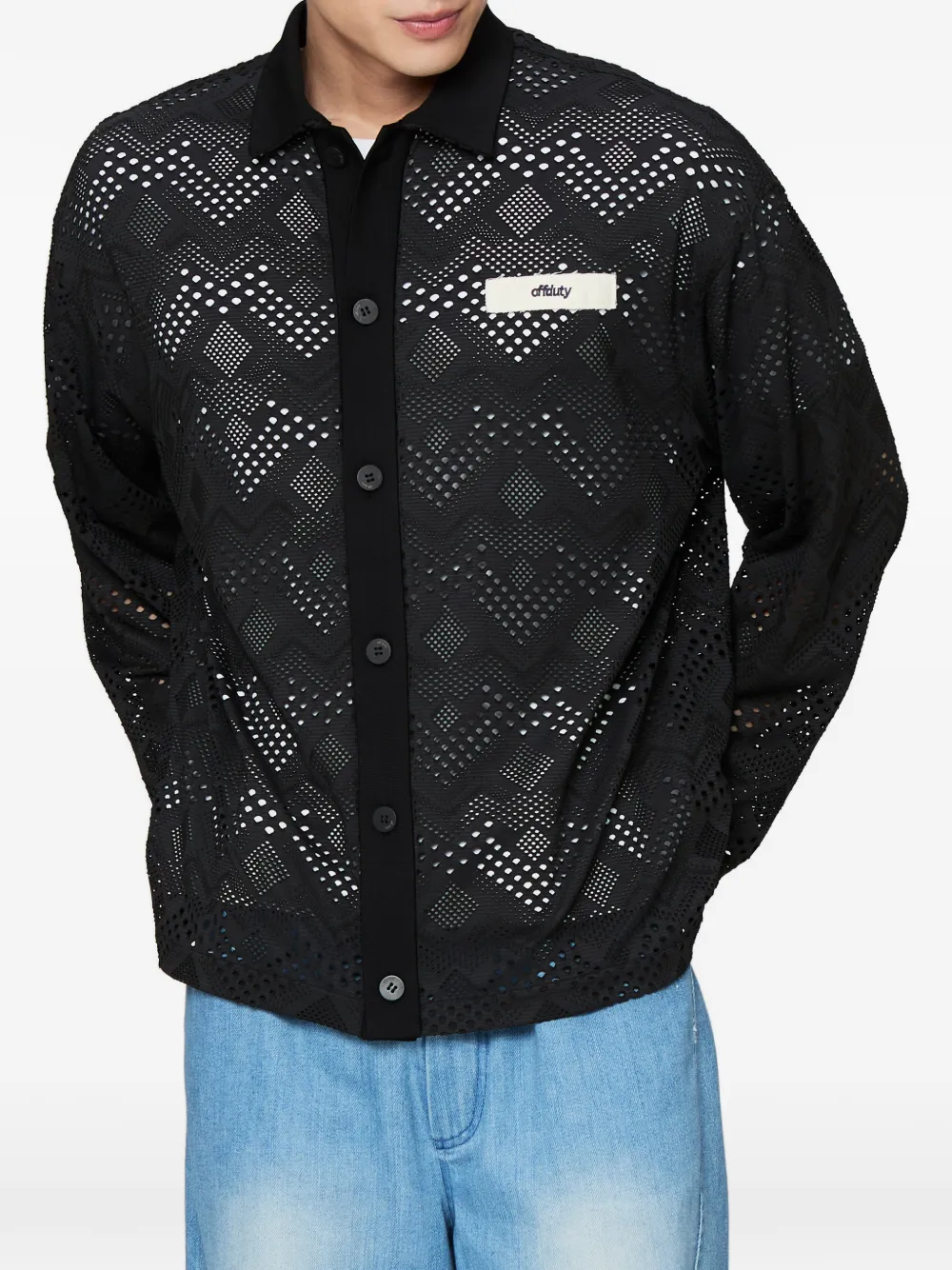 Off Duty Nauru perforated logo-patch shirt - Nero