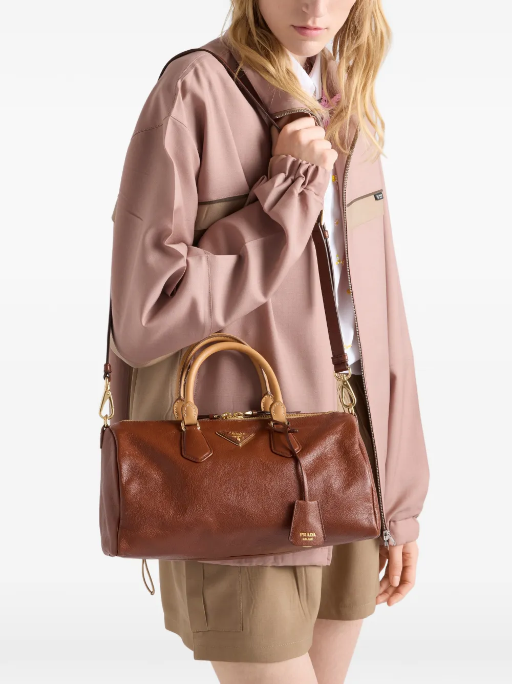 Prada Grote leren shopper met handvat Bruin